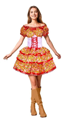 Vestido Junino Adulta Caipira Luxo Xadrez Rodado Espartilho