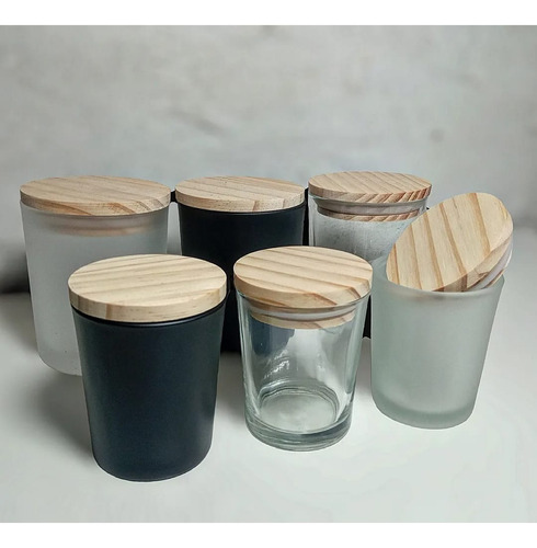 Vaso Vela Vidrio Esmerilado Tapa Madera 100ml Pack X3