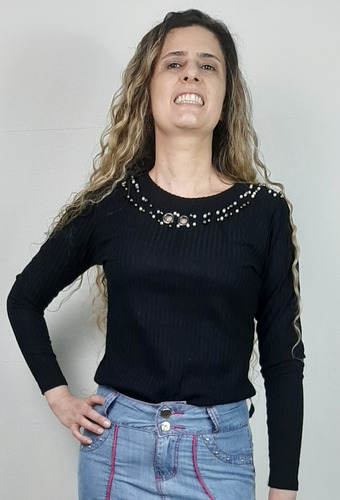 Imagem 3 de 3 de Blusa Feminina Trico Canelada Pedraria Moda Evangélica