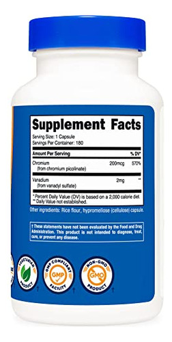 Suplemento Nutricost Vanádio + Cromo 2 Mg 180 Cápsulas