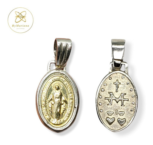 Dije Plata Y Oro Virgen Medalla Milagrosa Mediana 13 X 24mm