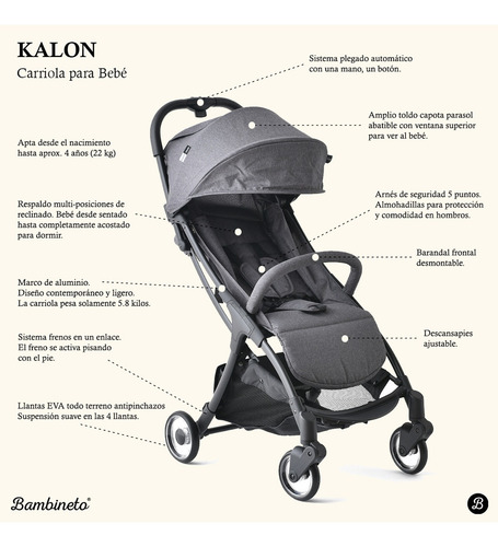 Carriola Bebé Kalon Ligera Compacta Auto-plegado Bambineto® Color Gris
