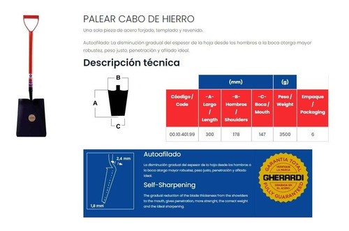 Imagen 4 de 10 de Pala Ancha Forjada Gherardi Original Cabo De Hierro