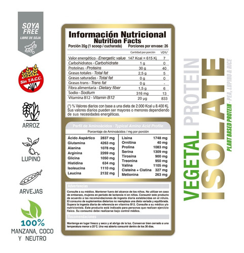 Imagen 3 de 7 de Proteína Vegetal Isolada Gold Nutrition Vegan Protein