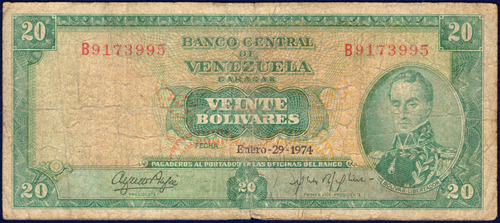 Billete De 20 Bolívares B7 Enero 29 1974 Simón Bolívar