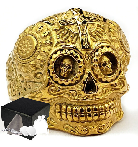 Combo Anillo Calavera Mexicana Acero Inoxidable Unisex Dorad