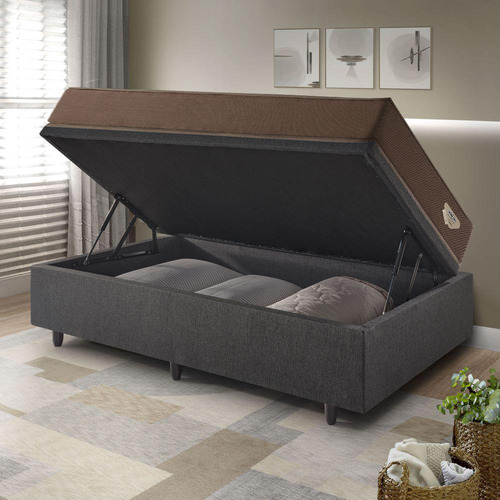 Base Box Baú 96x203 Linho Cinza Com Colchão Relax Adorabile