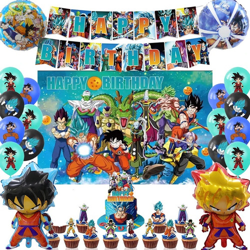 Kit Cumpleaños Dragón Ball Z Cotillon Goku Globos + Telón