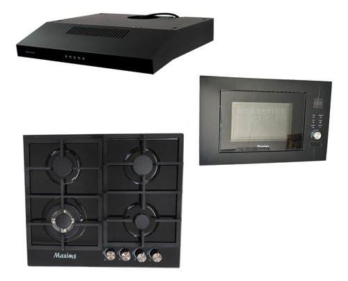 Parrilla De Gas 4 Quemadores Maxims Hbh4gs De Cristal Templado Incluye Campana De Cocina Maxims Hf6101aba Color Negro Y Horno De Microondas Empotrable.