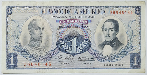 Billete 1 Peso 02/ene/1963 Colombia Vf-xf