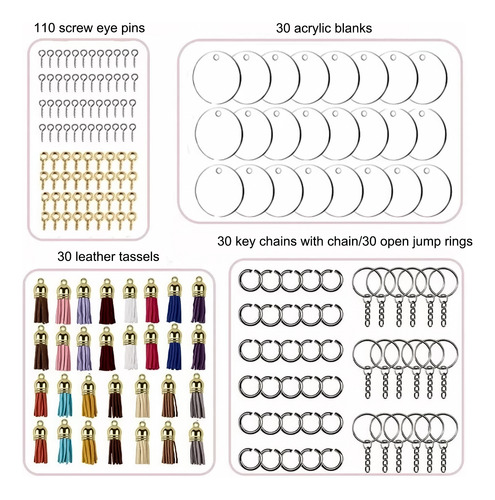 Juego De 200 Kit Llaveros Acrílico Transparente Con Borlas