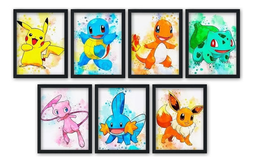 7 Cuadros + 7 Posters Pokemon Madera Marco Vidrio Pikachu 