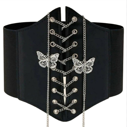 Cinturón Ancho Tipo Corset Negro De Mariposas