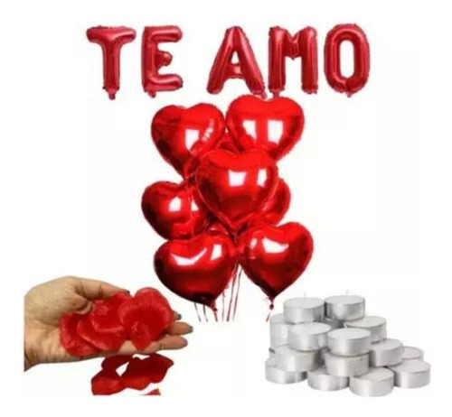 Kit Globos Te Amo + 200 Pétalos Rosa + 10 Velas + 4 Globos!