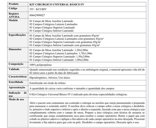 Campo Cirúrgico Estéril Sms Universal Kit 5 Pçs Descartável