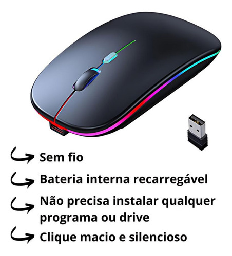 Mouse Sem Fio Recarregável Optico Led Rgb + Mouse Pad