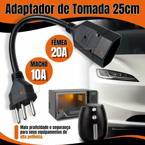 Adaptador Tomada 20A Para 10A Reforçado Bivolt Carregador Carro Elétrico Ar Condicionado Air Fry Micro-ondas