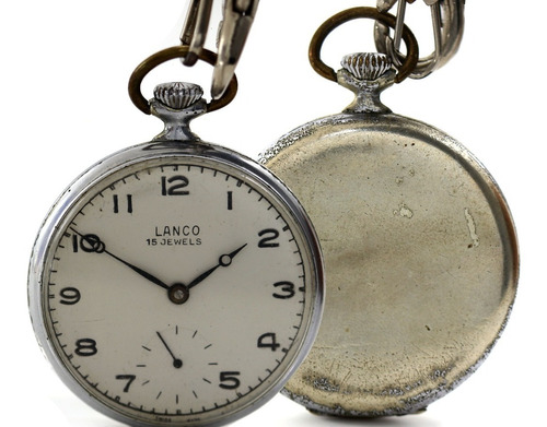 Relógio De Bolso Lanco Aço 15 Rubis Corrente Antique J23173