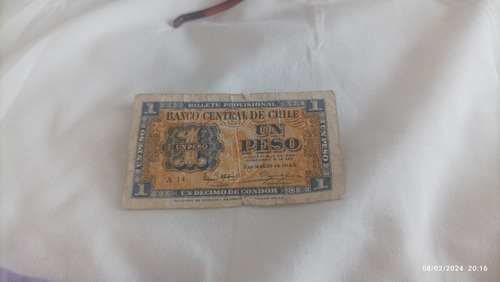 Billete 1 Peso Provisional Banco De Chile 1943 