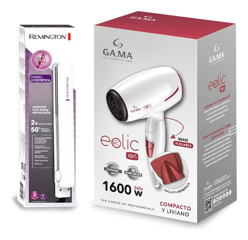 Kit Secador Ga.ma Italy Eolic Ceramic + Planchita Remington