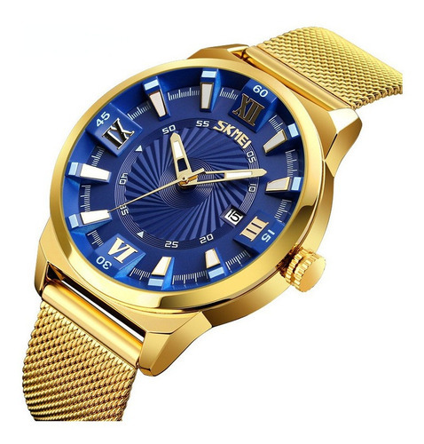 Reloj Analógico Skmei Quartz Calendar Para Hombre Color De La Correa Dorado Color Del Fondo Azul