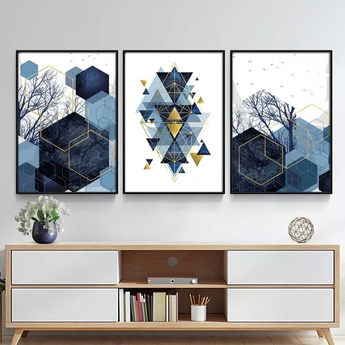 quadro decorativo 3 peças estilo moderno azul decoração sala