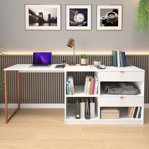 Mesa Escrivaninha Industrial De Canto Em L Adaptável Ferro E Madeira Estilo Nórdico Para Computador Cor Branco Com Cobre E-led