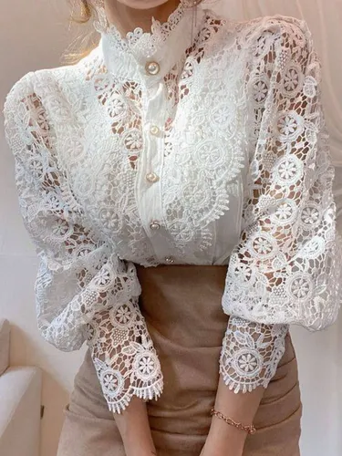 Blusinha Feminina Camisa Renda Manga Vazada Bufante Lanterna