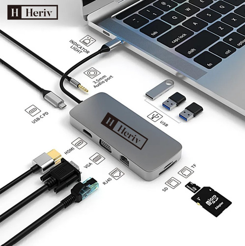 Hub 10 En 1 Tipo C Usb 3.0 8 En 1,sd,tf,rj45,vga,audio, Hdmi