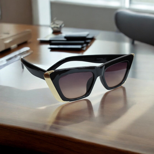 Lentes De Sol Angulares Estilo Cat Eye Elegante Negro Dorado Negro Negro