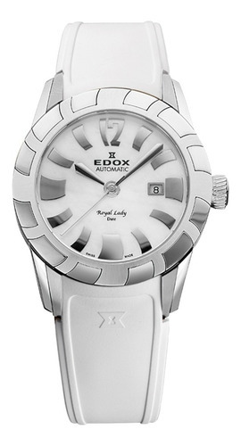 Relógio automático de borracha Edox Royal Lady Lady Cor da pulseira original: branco, cor da moldura, cor de fundo prateada, cor de fundo, branco