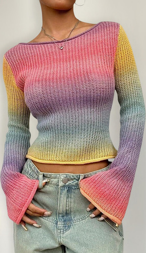 Sweater Top Lana Colorido Rainbow Casual Importado