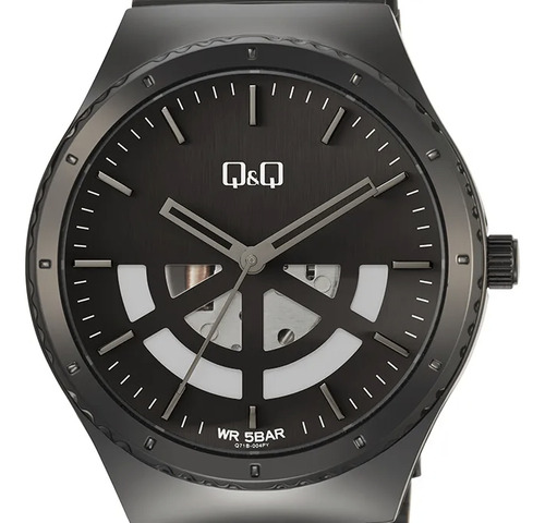 Reloj Q&q Q71b 004py Acero Inoxidable Pavonado Skeleton Correa Negro Bisel Negro Fondo Negro