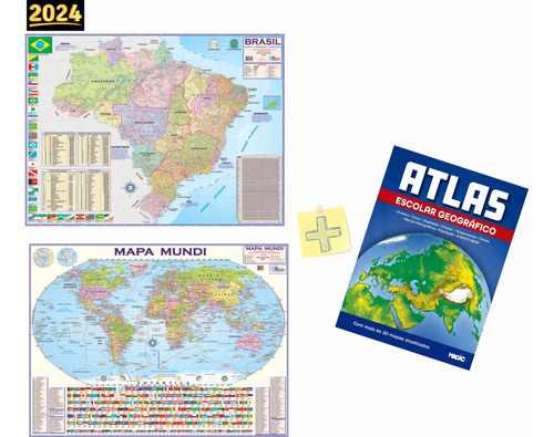 Kit 2 Mapas + Atlas Geográfico + Mapa Do Brasil + Mapa Mundi  120cm X 92cm Politico Rodoviário