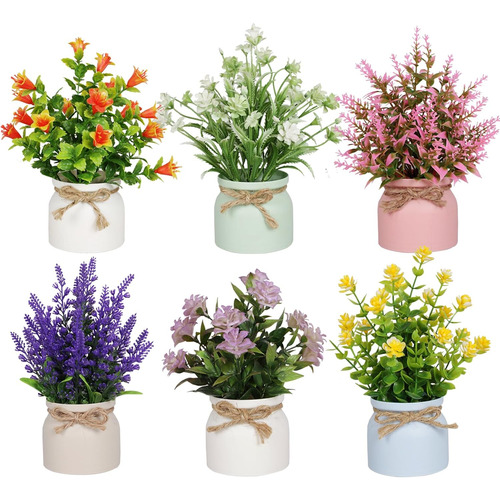 6 Piezas De Flores Artificiales En Maceta Pequeñas Plantas F