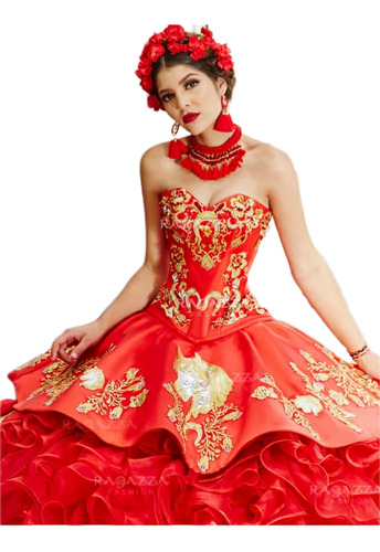 Vestido Charro De Xv Quinceañera En Color Rojo Con Caballos