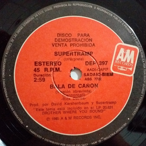Supertramp - Bala De Cañon - Simple Vinilo Promo Año 1985 