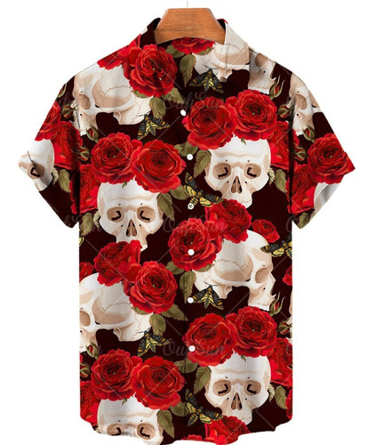 Camisa Casual Hawaiana De Hombre Con Estampado De Calavera