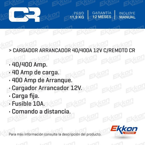 Imagen 2 de 6 de Cargador Cr Arrancador De Bateria Auto 40-400a 12v C/remoto