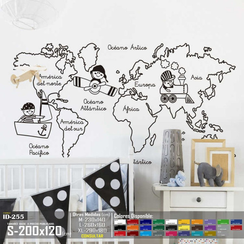 Vinilo Decorativo Mapa Mundial Infantil Dibujos