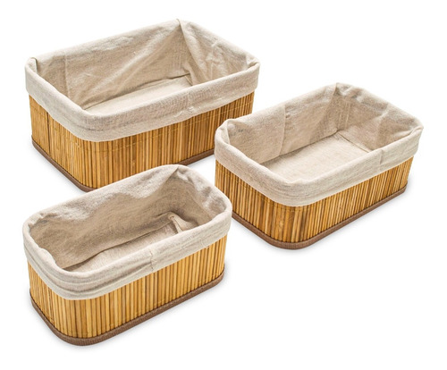 Set X 3 Canastos Cestos Bamboo Y Tela Arpillera Organizador