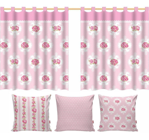 Kit Cortina Infantil + 3 Capas De Almofadas Rosa Floral