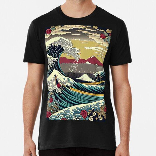 Remera The Great Wave Off Kanagawa With Red Mountains Algodo