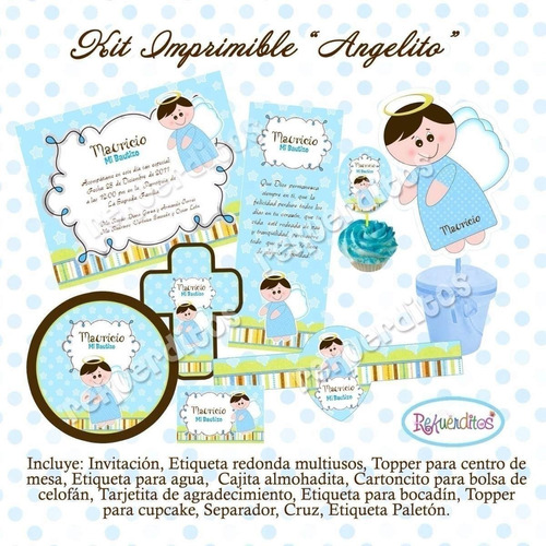 Kit Imprimible Editable Bautismo Angelito Azul