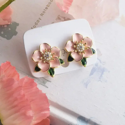 Aretes De Flores Rosas Pendientes Dorados Con Diamantes Dama