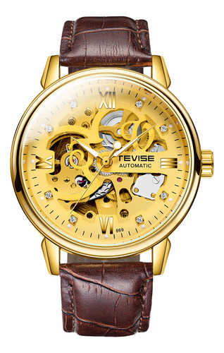Reloj De Cuero Automático Skeleton Gold, 3 Atm, Resistente A