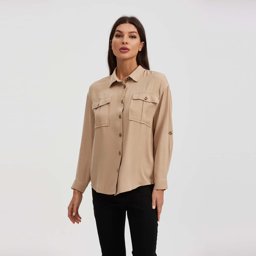 Blusa Mujer Manga Roll Up Taupe  Fashion's Park