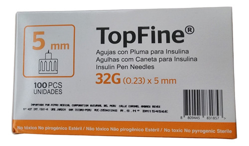 Aguja Topfine 5mm (32g) Para Dispositivo Tipo Pluma X 100