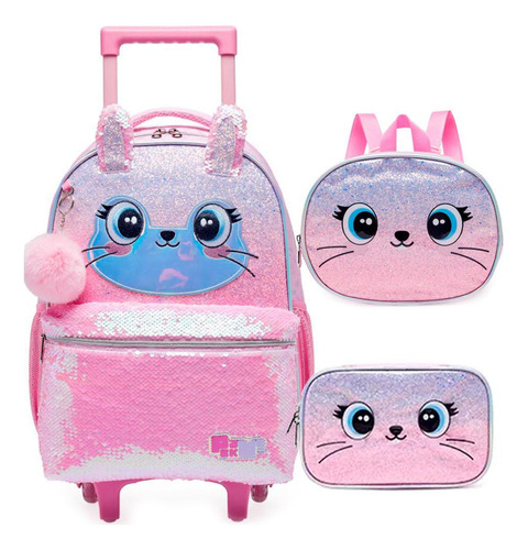 Mochila De Rodinhas  Lancheira  Estojo Pack Me Cute Coelho