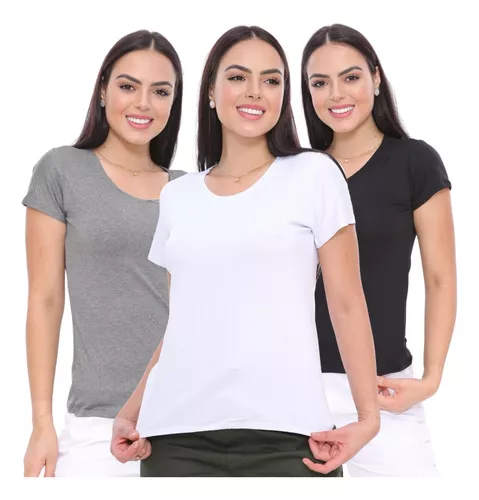 Kit 3 Blusas Feminina Camiseta Lisa Básica Babylook Top